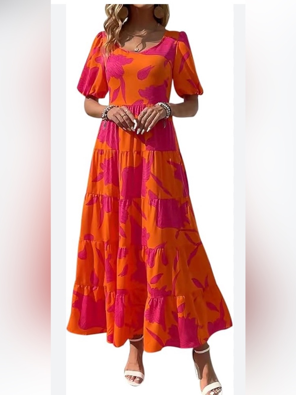 Women's Tiered Maxi Dress - Orange & Pink Floral Size M but fits like a L